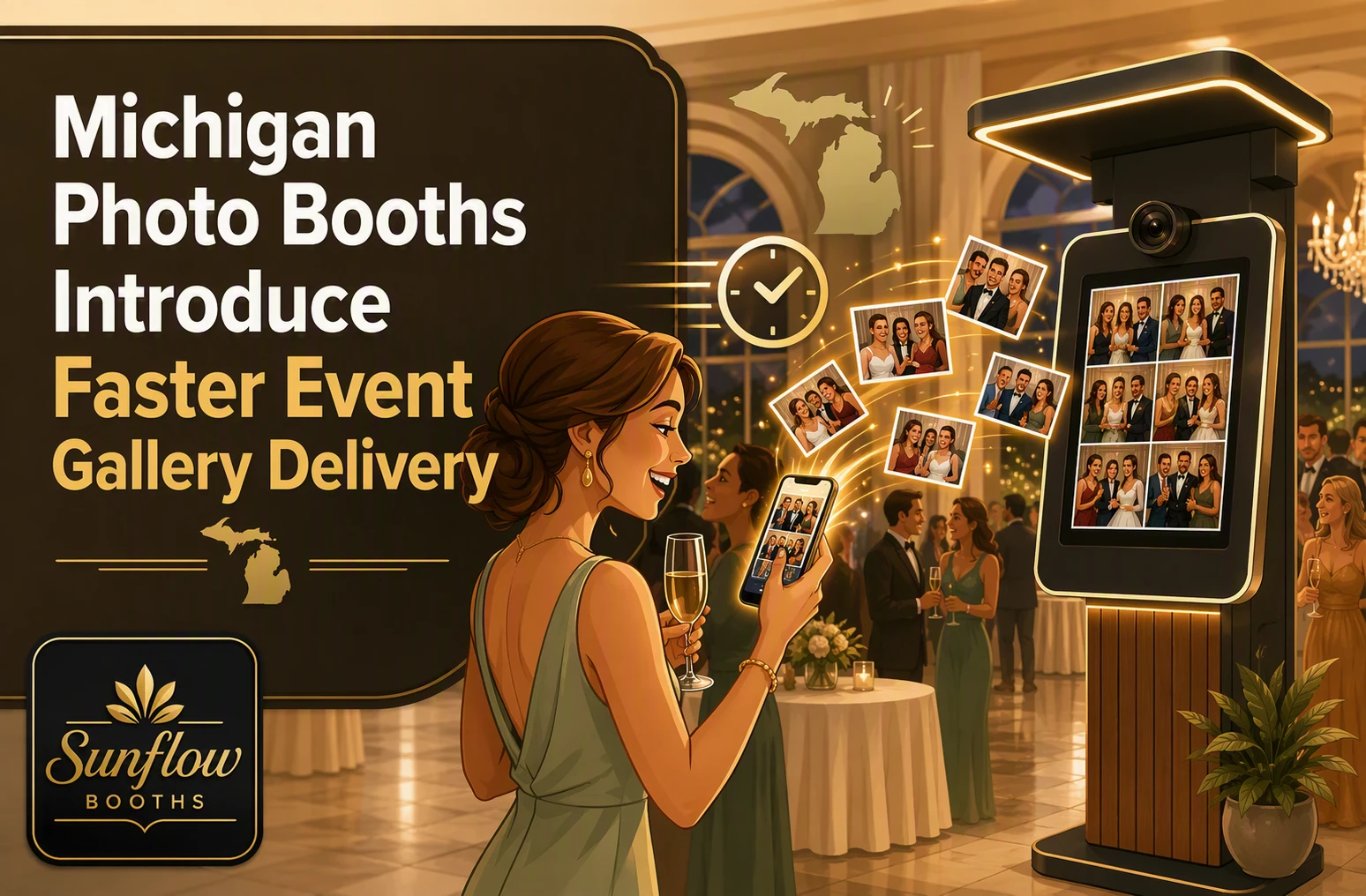 A woman at a formal event views photo booth pictures on her phone. The booth displays event photos as guests mingle. Text reads, “Michigan Photo Booths Introduce Faster Event Gallery Delivery. Sunflow Booths.”.