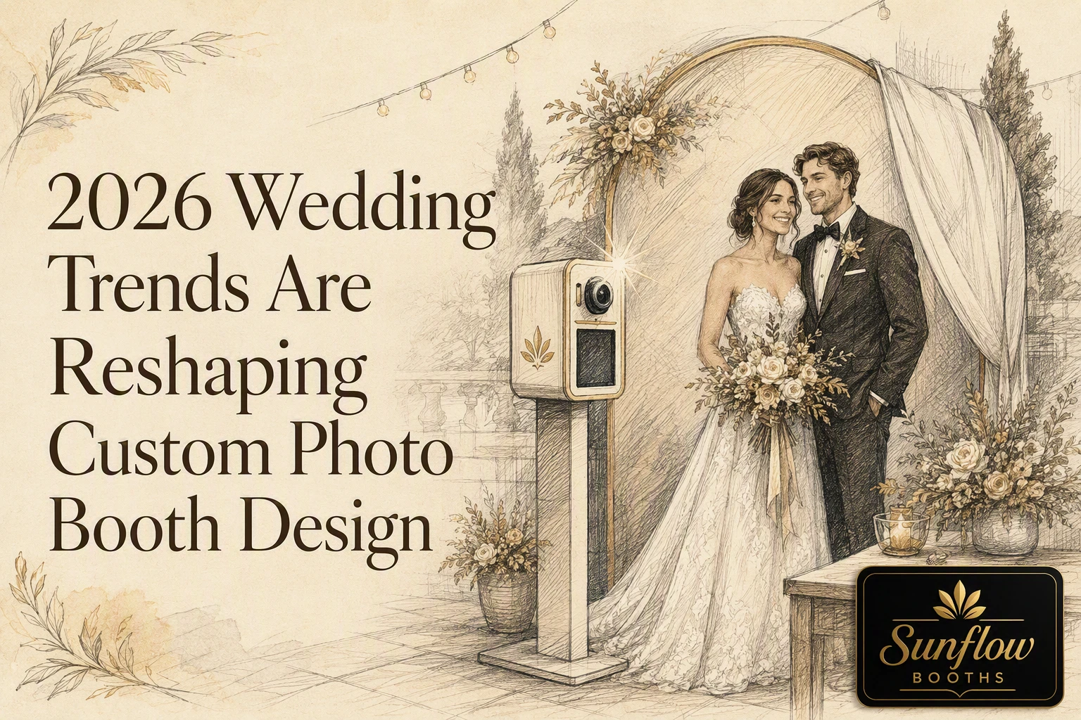 A bride and groom pose by a photo booth at an outdoor wedding. Text reads, “2026 Wedding Trends Are Reshaping Custom Photo Booth Design.” The Sunflow Booths logo appears in the lower right corner.