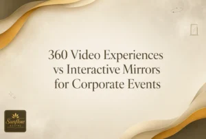 Text reads: “360 Video Experiences vs Interactive Mirrors for Corporate Events.” Background has abstract gold and beige waves, with a Sunflow Booths logo at the bottom left.