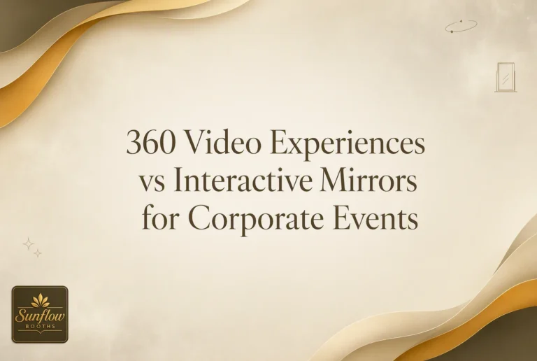Text reads: “360 Video Experiences vs Interactive Mirrors for Corporate Events.” Background has abstract gold and beige waves, with a Sunflow Booths logo at the bottom left.