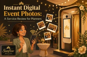 A woman at an event uses her phone near a digital photo booth. Polaroid-style photos and golden lights add a festive touch. Text reads: “Instant Digital Event Photos: A Service Review for Planners.”.