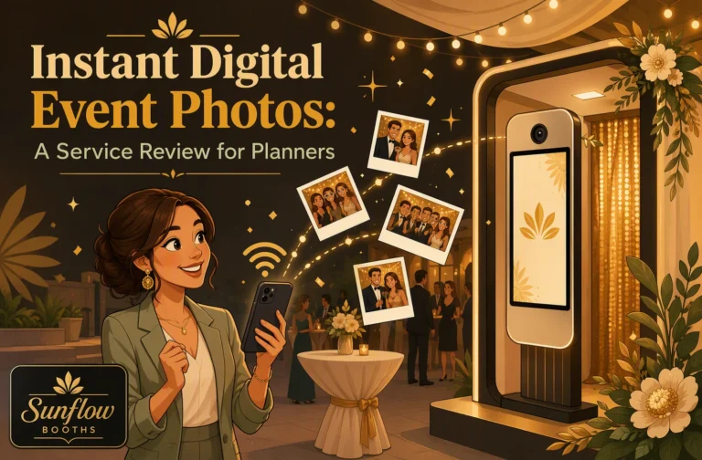 A woman at an event uses her phone near a digital photo booth. Polaroid-style photos and golden lights add a festive touch. Text reads: “Instant Digital Event Photos: A Service Review for Planners.”.