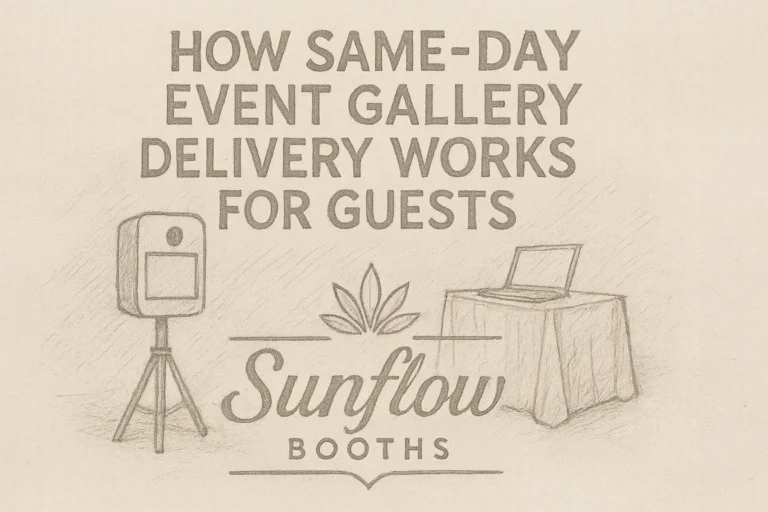 Sketch-style image showing a photo booth and a laptop on a table with text: “How same-day event gallery delivery works for guests. Sunflow Booths.” A leaf logo is centered beneath the main text.