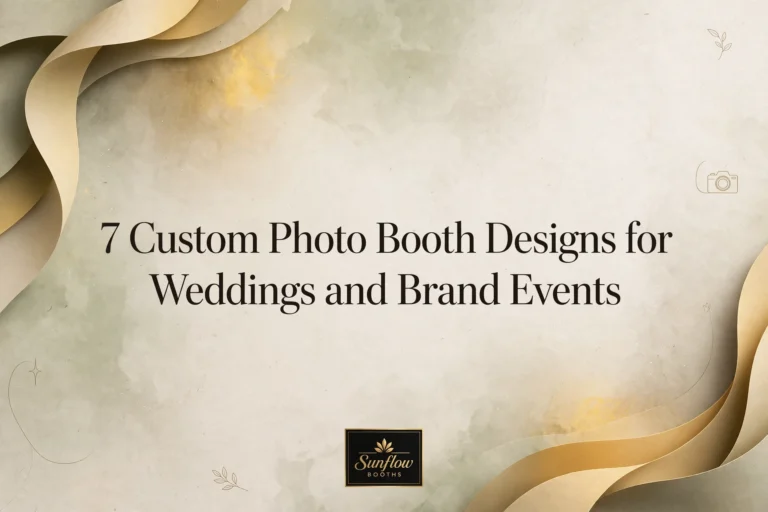Text reads: “7 Custom Photo Booth Designs for Weddings and Brand Events.” Background features light beige and gold artistic swirls with the Sunflow Booths logo at the bottom.