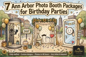 Three photo booths decorated with balloons, sunflowers, and party hats stand in front of an Ann Arbor landmark. A banner reads, “7 Ann Arbor Photo Booth Packages for Birthday Parties.” Sunflow Booths logo is in the corner.