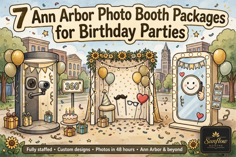 Three photo booths decorated with balloons, sunflowers, and party hats stand in front of an Ann Arbor landmark. A banner reads, “7 Ann Arbor Photo Booth Packages for Birthday Parties.” Sunflow Booths logo is in the corner.