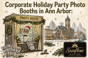 Festive illustration of a holiday-themed photo booth with props, a snowy cityscape of Ann Arbor, and text promoting corporate party photo booths by Sunflow Booths.