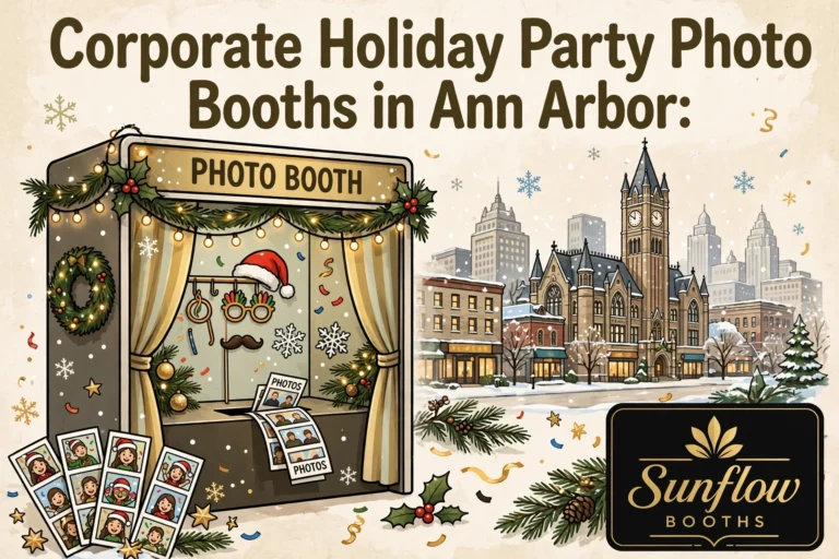 Festive illustration of a holiday-themed photo booth with props, a snowy cityscape of Ann Arbor, and text promoting corporate party photo booths by Sunflow Booths.