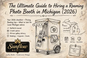 Vintage-style flyer for Sunflow Booths features a whimsical photo booth cart, 2026 checklist, map of Michigan, event icons, and text promoting their roaming photo booth services for weddings, corporate, and events.