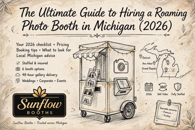 Vintage-style flyer for Sunflow Booths features a whimsical photo booth cart, 2026 checklist, map of Michigan, event icons, and text promoting their roaming photo booth services for weddings, corporate, and events.