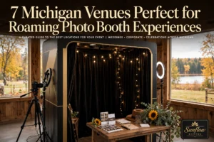 A cozy indoor photo booth with string lights, a camera on a tripod, a table with props and flowers, and large windows showing an autumn landscape. Text overlay advertises Michigan venues for photo booth experiences.