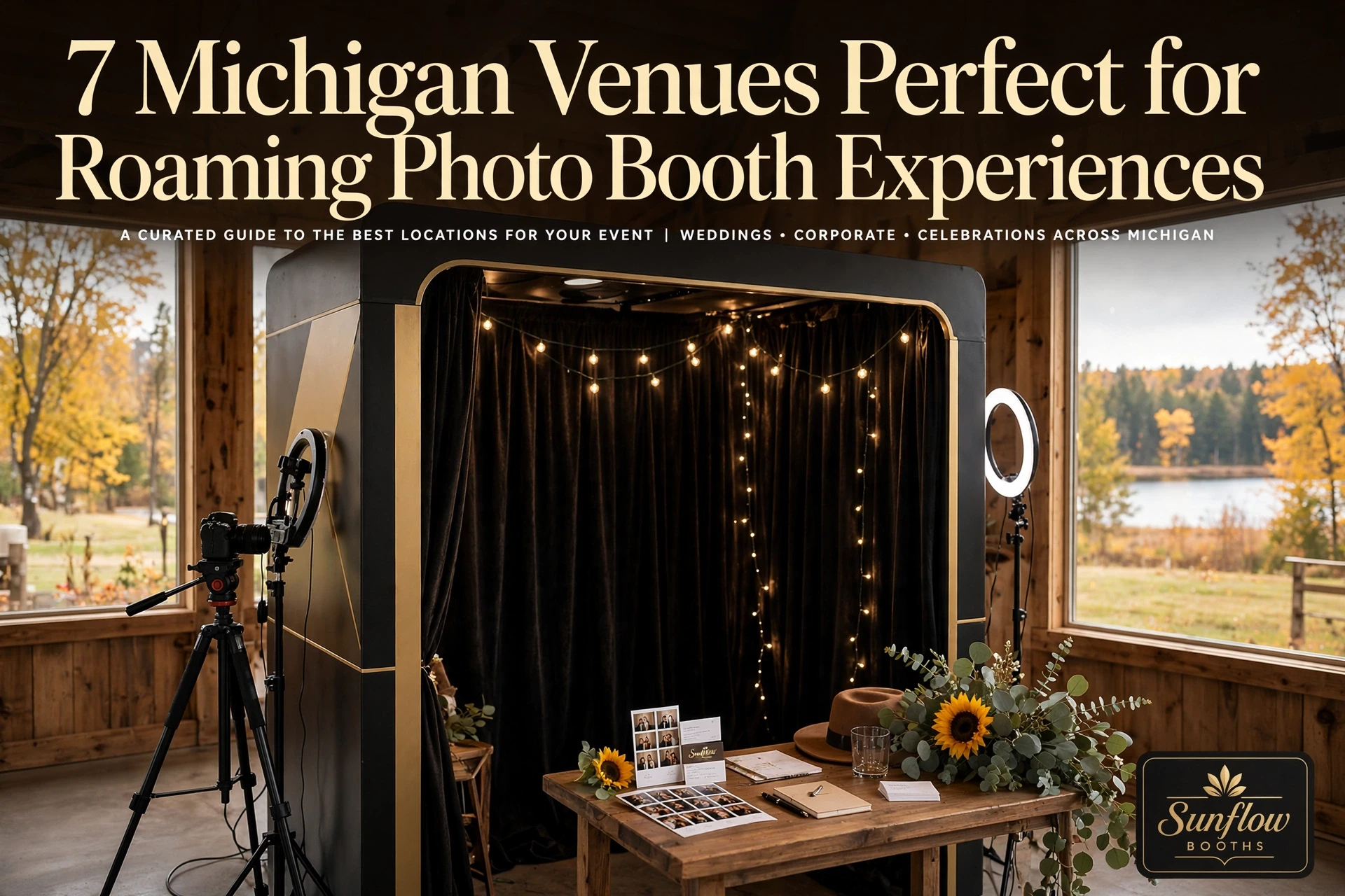 A cozy indoor photo booth with string lights, a camera on a tripod, a table with props and flowers, and large windows showing an autumn landscape. Text overlay advertises Michigan venues for photo booth experiences.