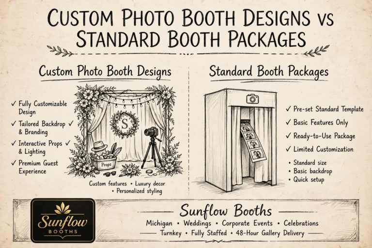 A comparison of custom photo booth designs vs standard booth packages, listing features of each with illustrated examples. Sunflow Booths logo and details are at the bottom.