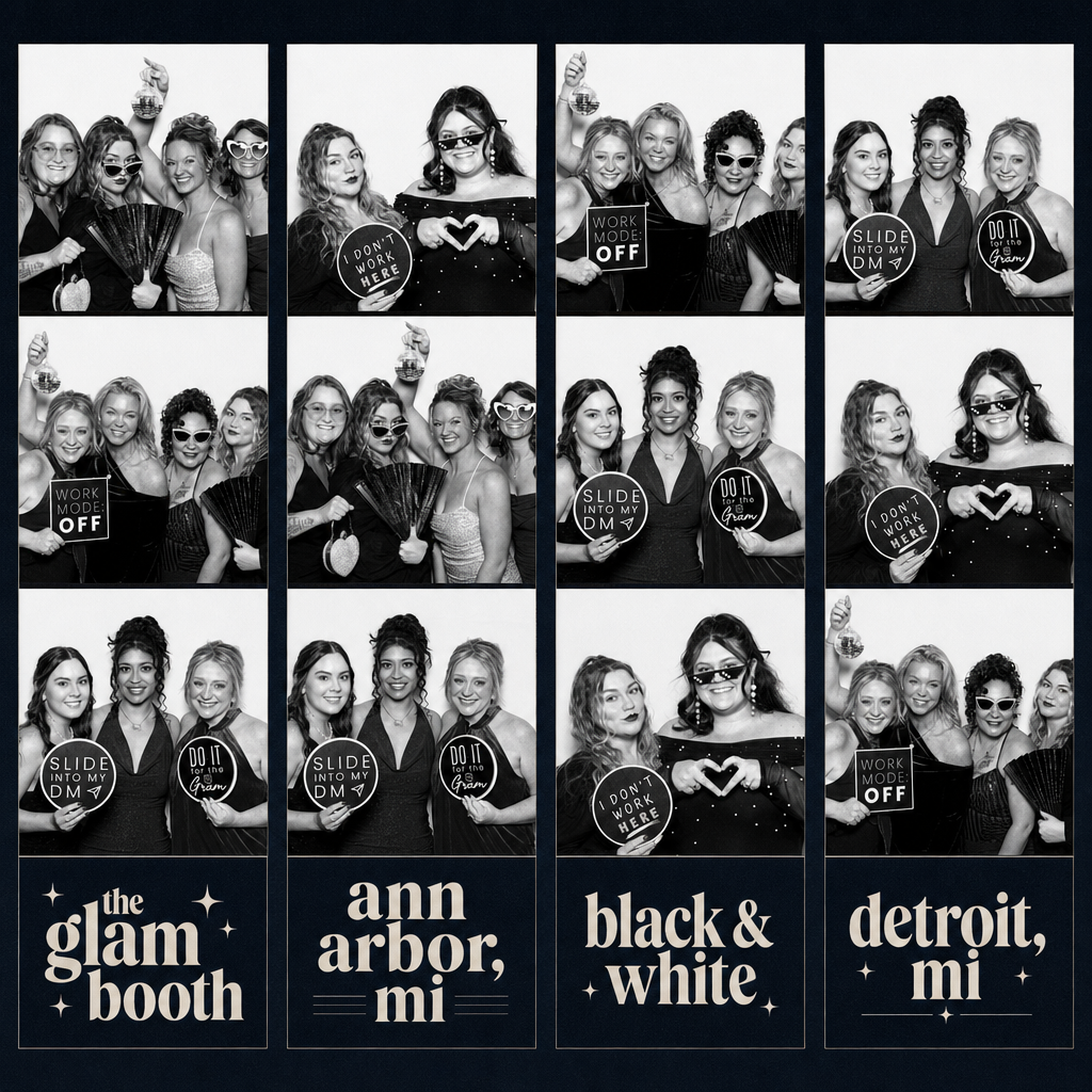 Four black and white glam photo booth strips from Ann Arbor and Detroit events