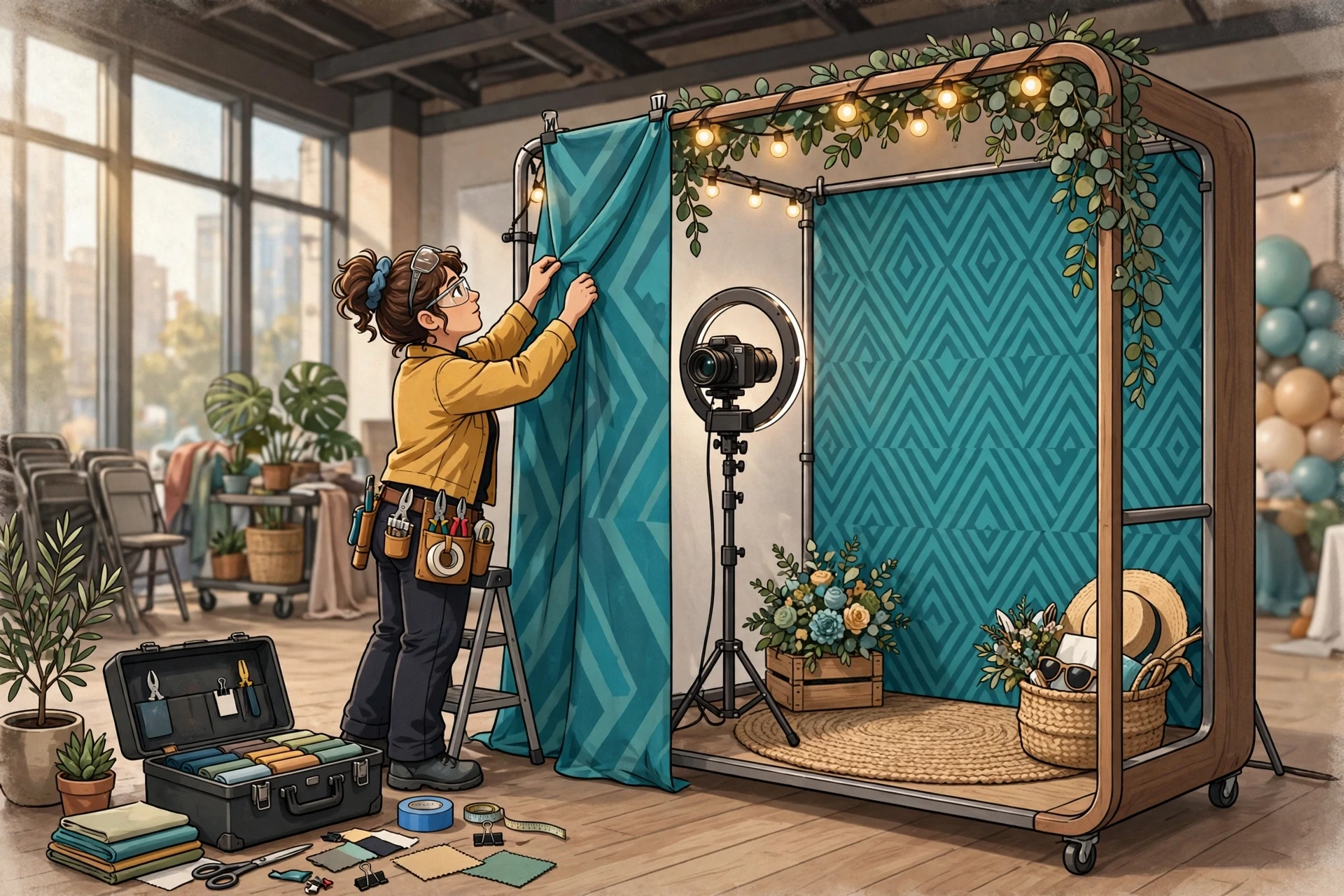 Event planner adjusting branded photo booth backdrop