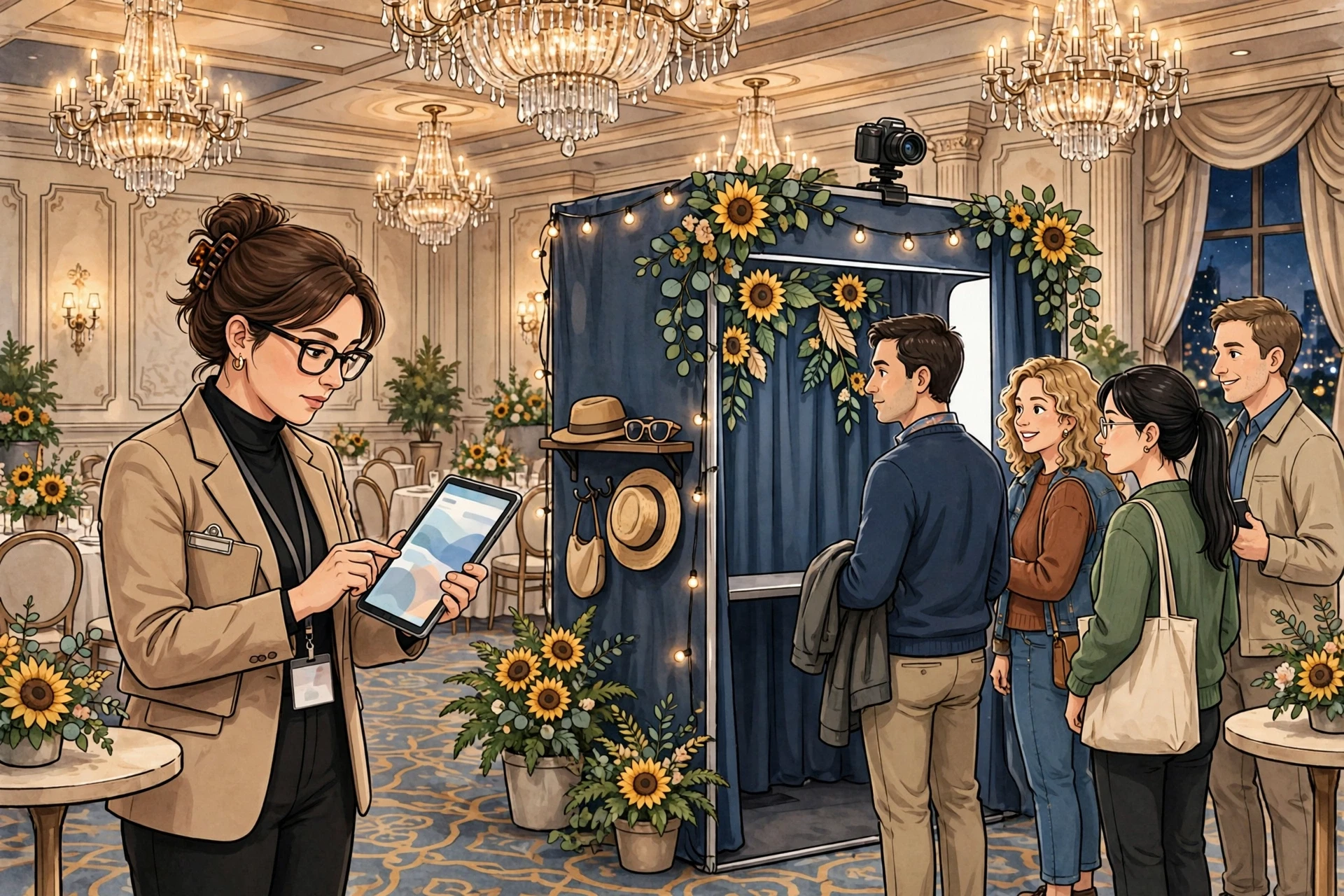 Event planner reviewing booth metrics on tablet