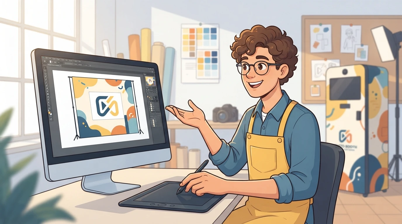 Designer reviewing photo booth backdrop proof on monitor