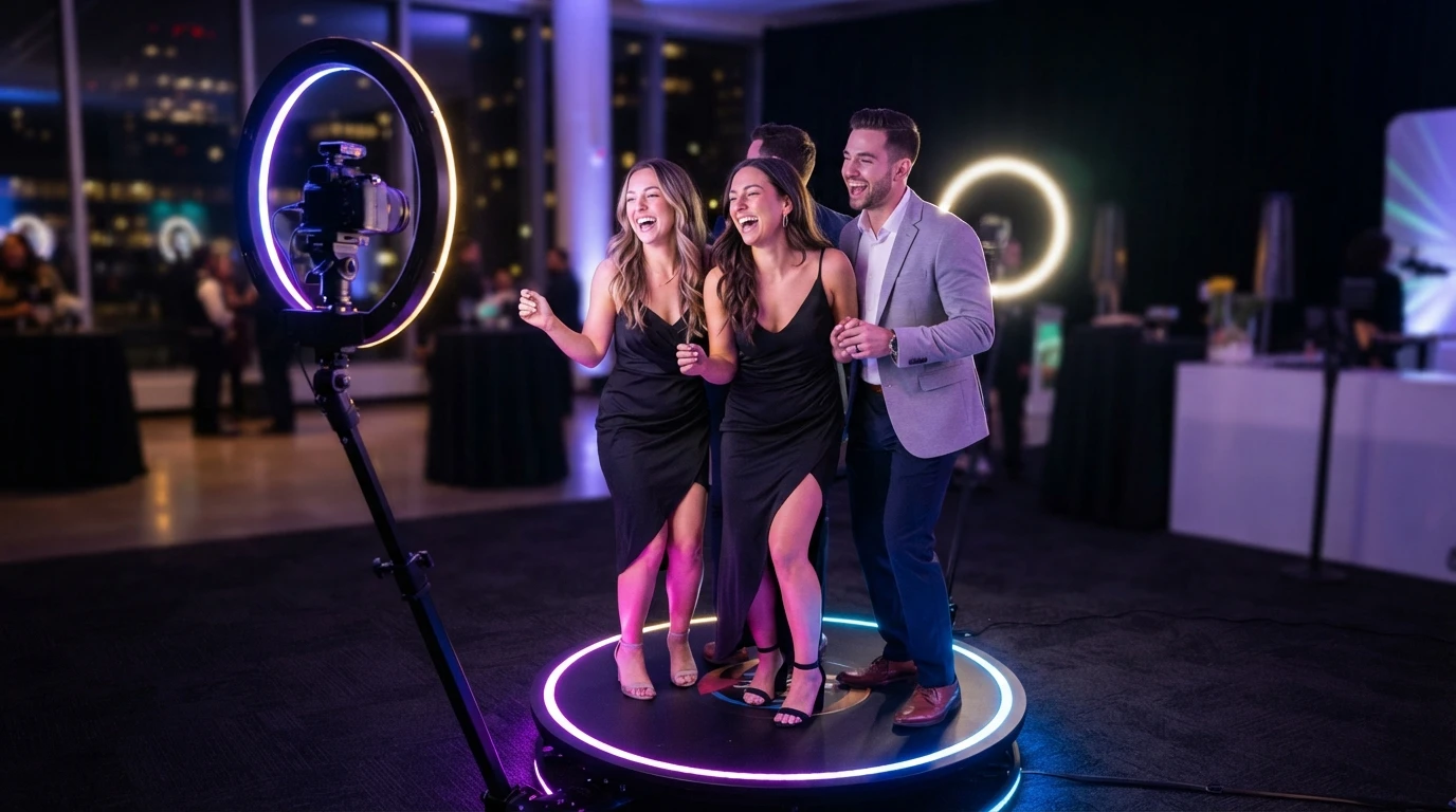 Guests posing within a 360 video booth ringed by LED lighting