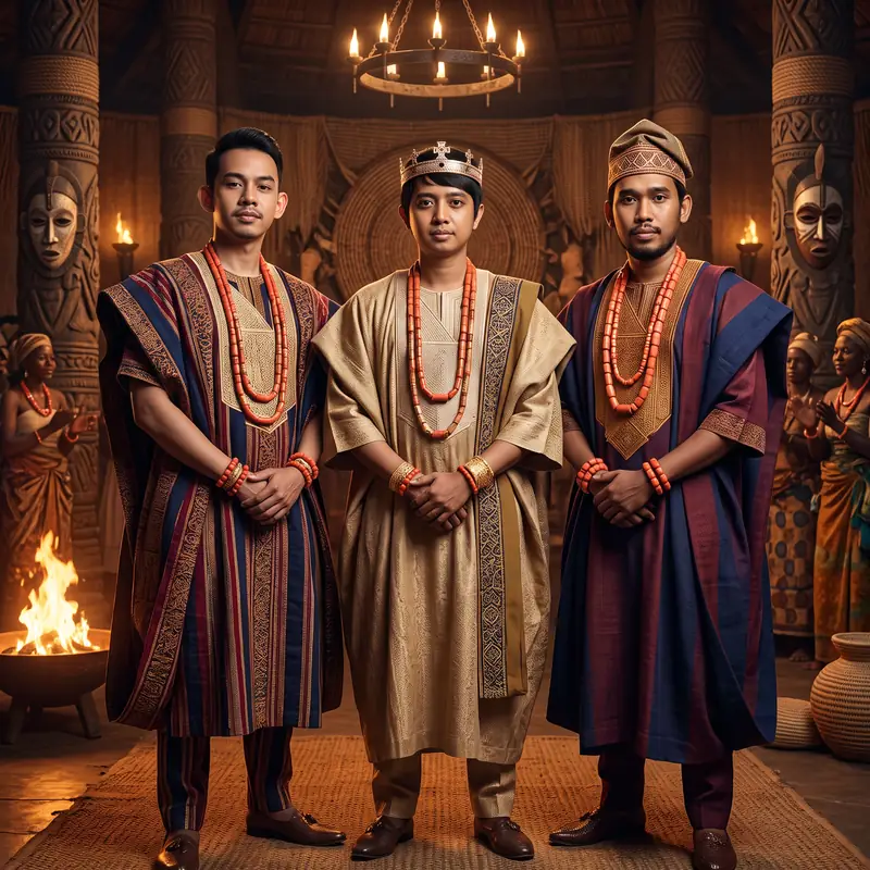 AI photo booth portrait of three guests in traditional dress with coral beads