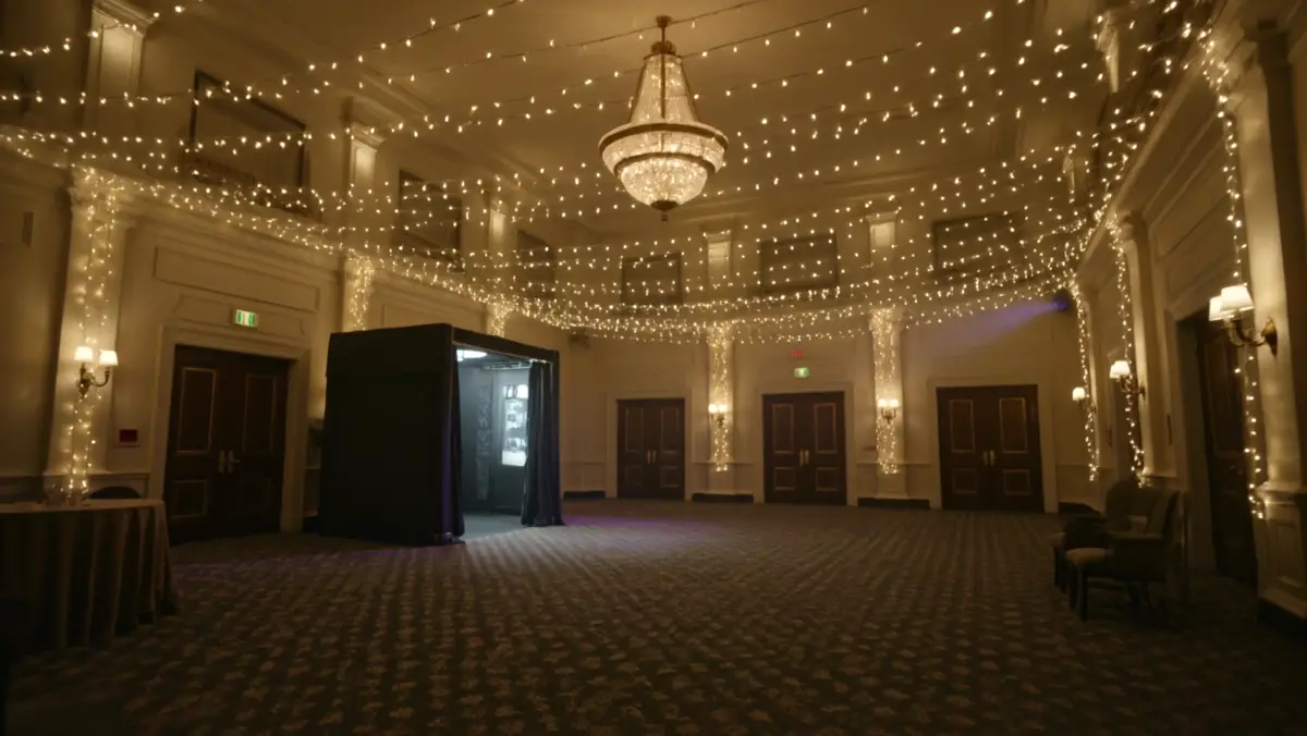 Ballroom under string lights and a crystal chandelier with a photo booth by the doors