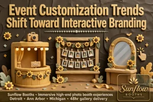 Event Customization Trends Shift Toward Interactive Branding“ headline above a 360 photo booth, a photo display stand, and a mirror station, with “Sunflow Booths” branding and location details below.