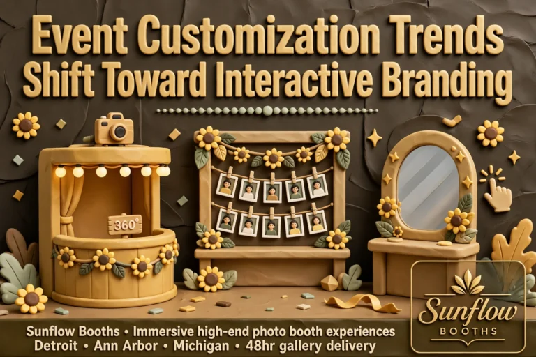 Event Customization Trends Shift Toward Interactive Branding“ headline above a 360 photo booth, a photo display stand, and a mirror station, with “Sunflow Booths” branding and location details below.