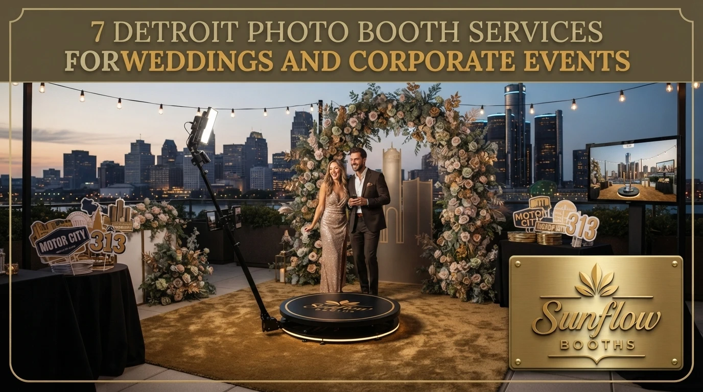 A couple stands on a 360-degree photo booth platform with a floral arch and the Detroit skyline in the background, under text reading “7 Detroit photo booth services for weddings and corporate events.”
