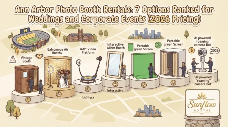 An infographic titled “Ann Arbor Photo Booth Rentals” showing seven numbered types of photo booths, ranging from a vintage booth to an AI-powered roaming camera bot, set against a map background.