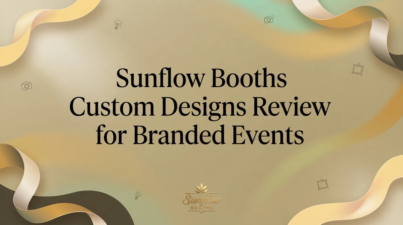 Text on a gold background reads: “Sunflow Booths Custom Designs Review for Branded Events,” with the Sunflow Booths logo at the bottom.