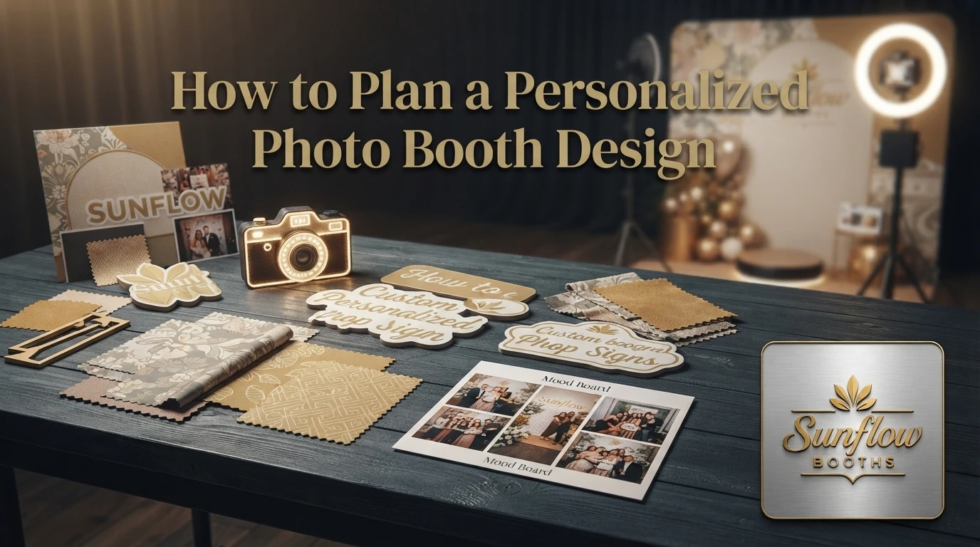 A table displaying photo booth design elements, including prop signs, fabric swatches, and a mood board, with the title “How to Plan a Personalized Photo Booth Design” overlaid.