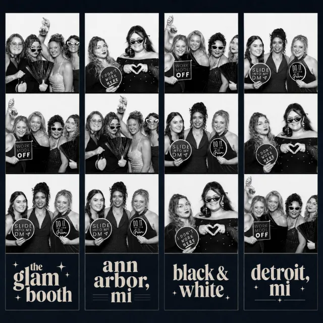 Four black and white glam photo booth strips from Ann Arbor and Detroit events