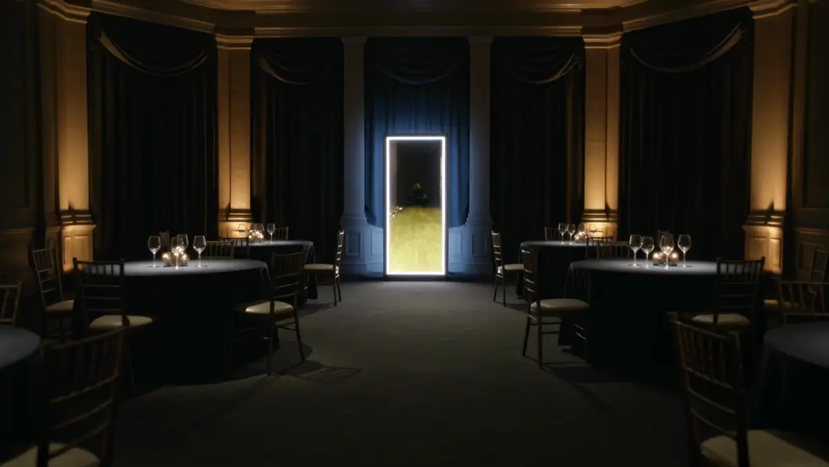 Mirror photo booth glowing in a candlelit ballroom set for a Bar or Bat Mitzvah reception