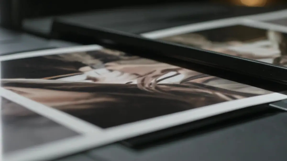 Glossy photo booth prints fresh from the printer on a dark table