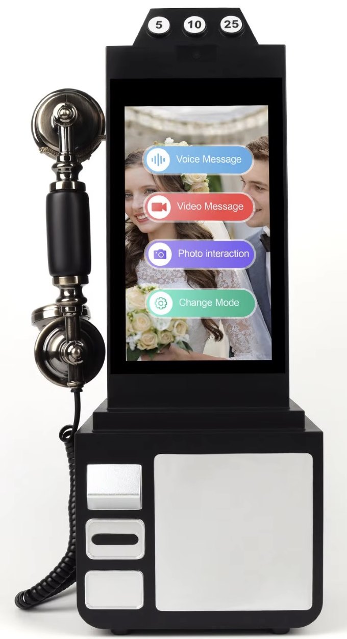 Classic black payphone-style video guest book station with handset and touchscreen