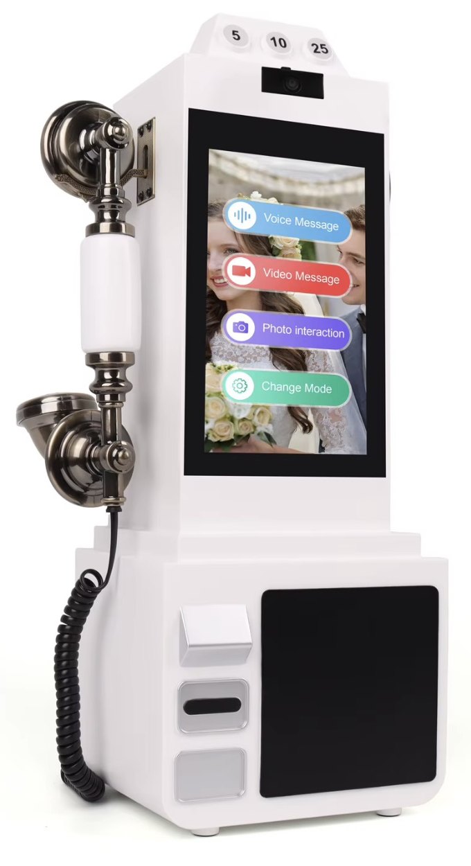 Ivory white payphone-style video guest book station with a phone handset and touchscreen