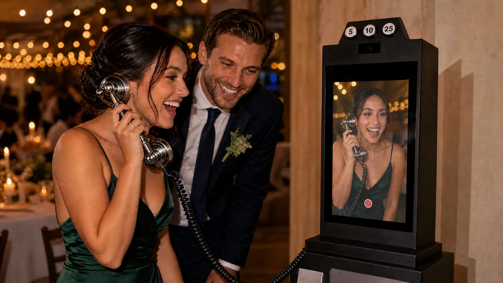 Two wedding guests laughing while recording a video message on the black payphone-style video guest book
