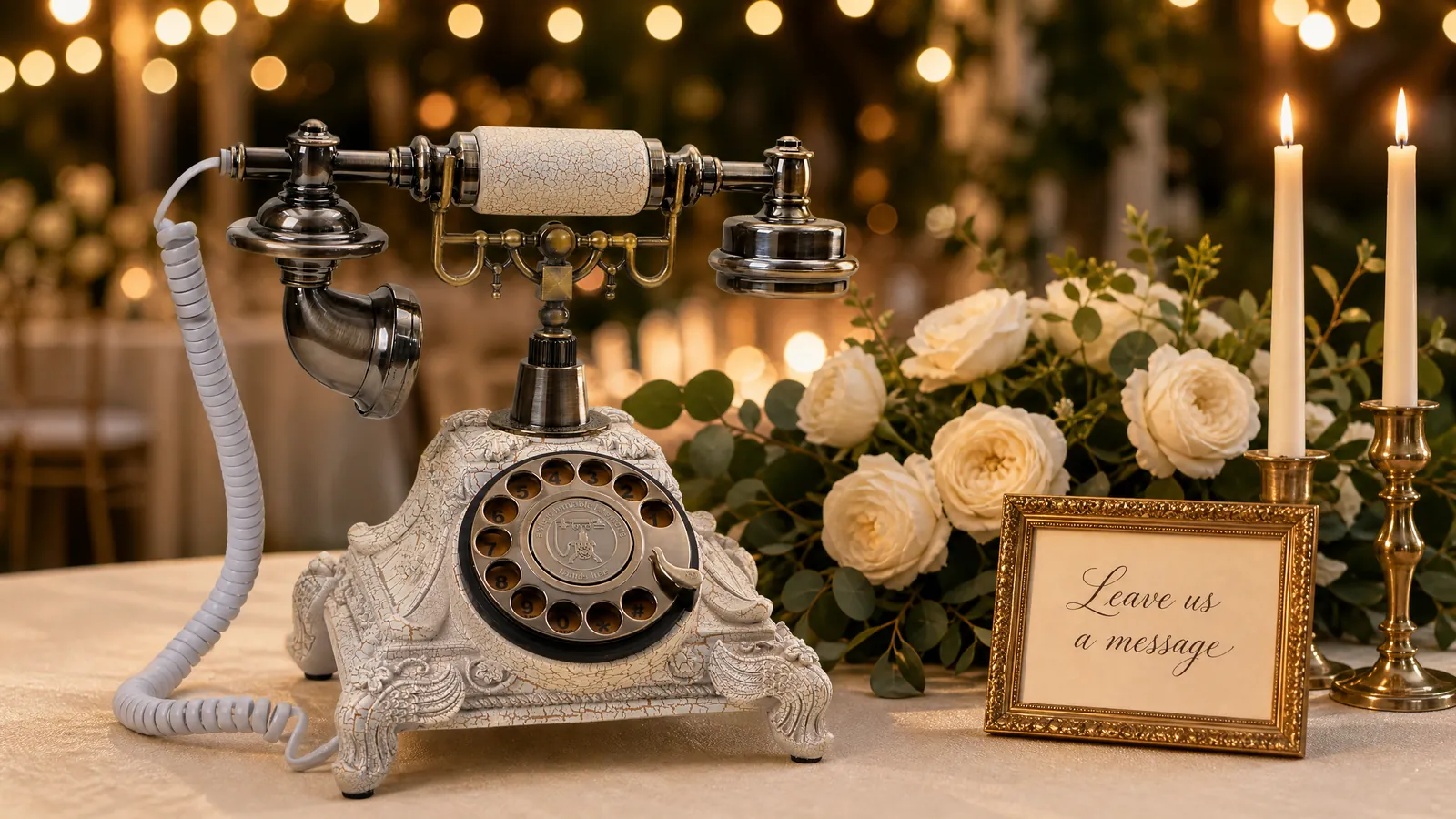 Ivory rotary-phone audio guest book on a reception guest book table with white roses, candles and a Leave us a message card