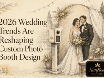 A bride and groom pose by a photo booth at an outdoor wedding. Text reads, “2026 Wedding Trends Are Reshaping Custom Photo Booth Design.” The Sunflow Booths logo appears in the lower right corner.