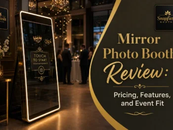 A mirror photo booth with a touchscreen stands in an elegant event venue. Several people are visible in the background. Overlay text reads, “Mirror Photo Booth Review: Pricing, Features, and Event Fit.”.