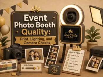 A claymation-style photo booth setup features a camera, lighting, sample photos, a quality checklist, and decorative signs emphasizing photo print, lighting, and camera checks. Warm brown and gold tones dominate the scene.