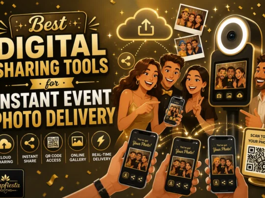 Four people take a group selfie at a photo booth. Gold text reads “Best digital sharing tools for instant event photo delivery.” Features include QR code, instant share, and more. Phones display event photos and sharing options.