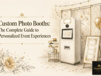 A vintage-style photo booth setup with floral decorations, gold balloons, string lights, and a Snapfiesta sign, advertising a guide to personalized event experiences.