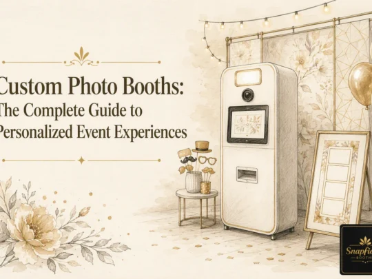 A vintage-style photo booth setup with floral decorations, gold balloons, string lights, and a Snapfiesta sign, advertising a guide to personalized event experiences.