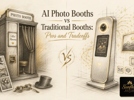 A split image compares a traditional photo booth with props on the left and a sleek AI photo booth surrounded by digital icons on the right. Text reads: “AI Photo Booths vs Traditional Booths: Pros and Tradeoffs.”.