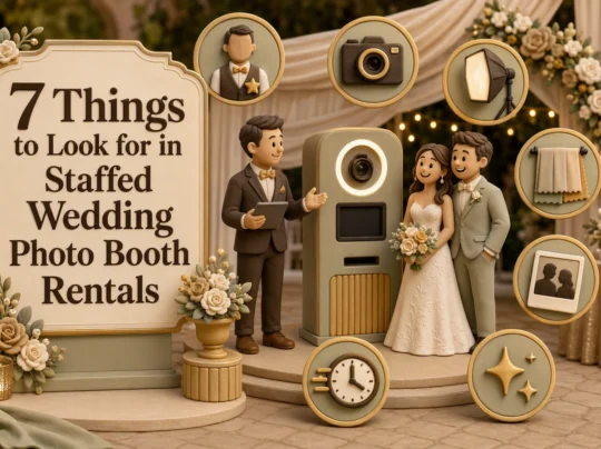 Clay figures pose by a wedding photo booth. A sign reads “7 Things to Look for in Staffed Wedding Photo Booth Rentals.” Icons represent key features like props, prints, time, and quality. Elegant, festive decor is visible.