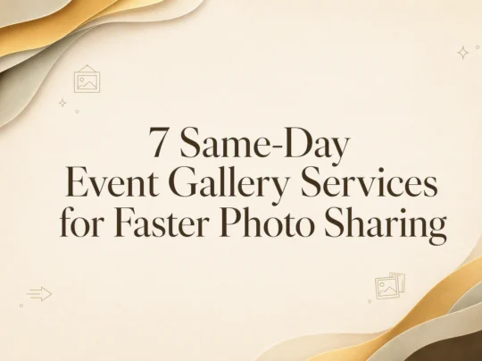 Text on a beige paper-layered background reads: “7 Same-Day Event Gallery Services for Faster Photo Sharing.” Small line art icons of images and sharing symbols decorate the borders.