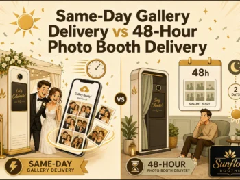 A bride and groom use a photo booth on the left, receiving prints instantly. On the right, a man waits 48 hours for his gallery. Text contrasts same-day delivery vs 48-hour delivery, with Sunflow Booths logo below.