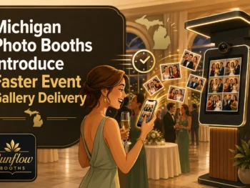 A woman at a formal event views photo booth pictures on her phone. The booth displays event photos as guests mingle. Text reads, “Michigan Photo Booths Introduce Faster Event Gallery Delivery. Sunflow Booths.”.
