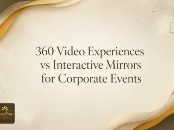 Text reads: “360 Video Experiences vs Interactive Mirrors for Corporate Events.” Background has abstract gold and beige waves, with a Sunflow Booths logo at the bottom left.