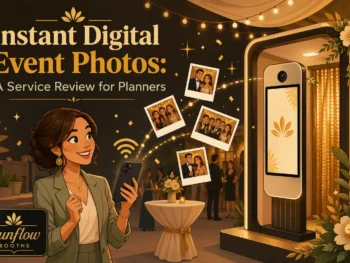 A woman at an event uses her phone near a digital photo booth. Polaroid-style photos and golden lights add a festive touch. Text reads: “Instant Digital Event Photos: A Service Review for Planners.”.